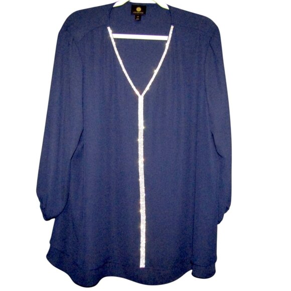 JM Collection Blue Rhinestone Top Size XXL 3/4 Elastic Sleeves Semi Sheer Bling - Picture 1 of 9